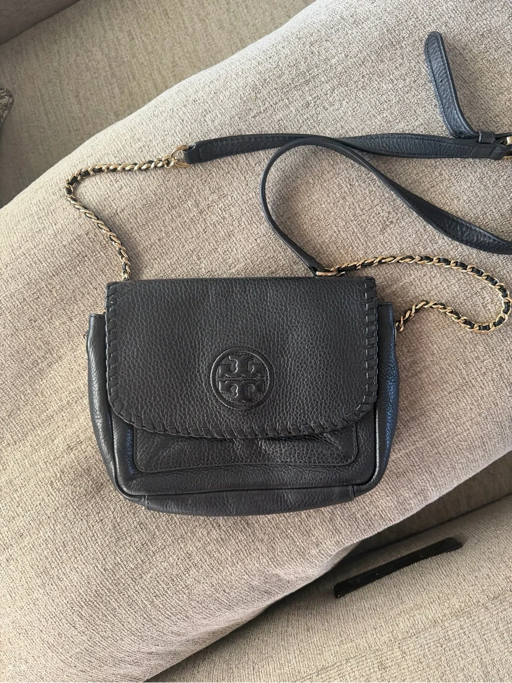 Tory Burch Marion Mini Black Soft Pebbled Leather Crossbody